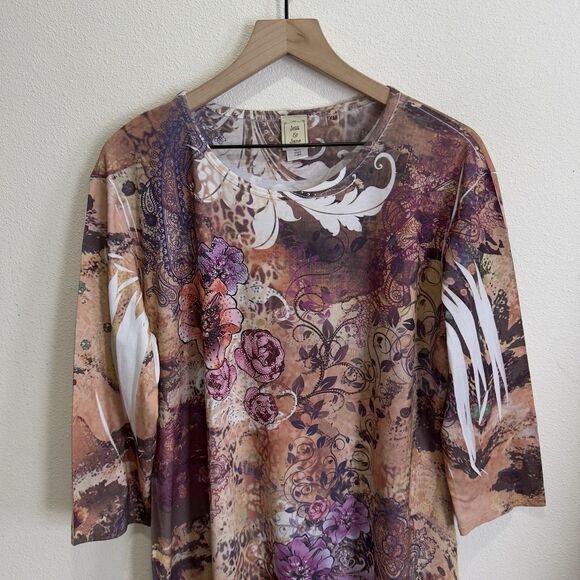 Jess & Jane Top Womens XL Beige Floral Colorful Artsy Boho Asymmetric Comfy USA - Picture 2 of 15